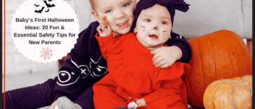 Baby's First Halloween: a baby in a pumpkin costume sitting next to a toddler in a black costume, surrounded by festive Halloween decorations