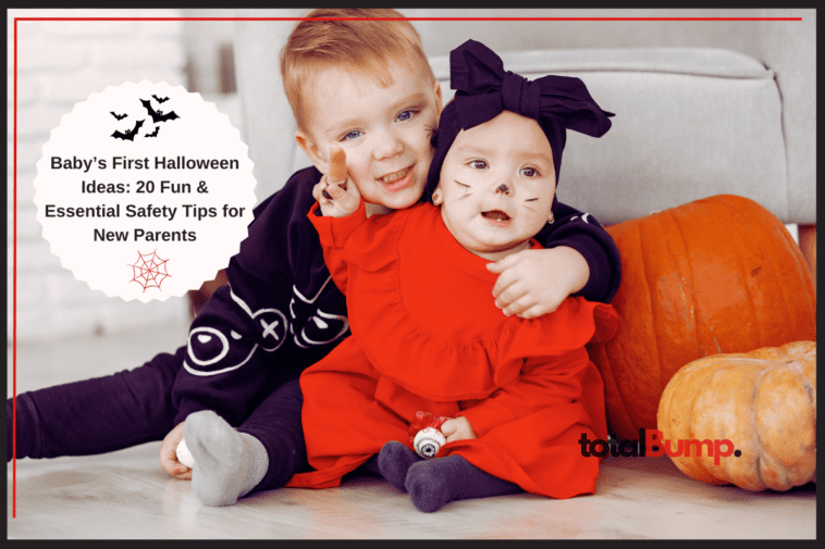 Baby's First Halloween: a baby in a pumpkin costume sitting next to a toddler in a black costume, surrounded by festive Halloween decorations