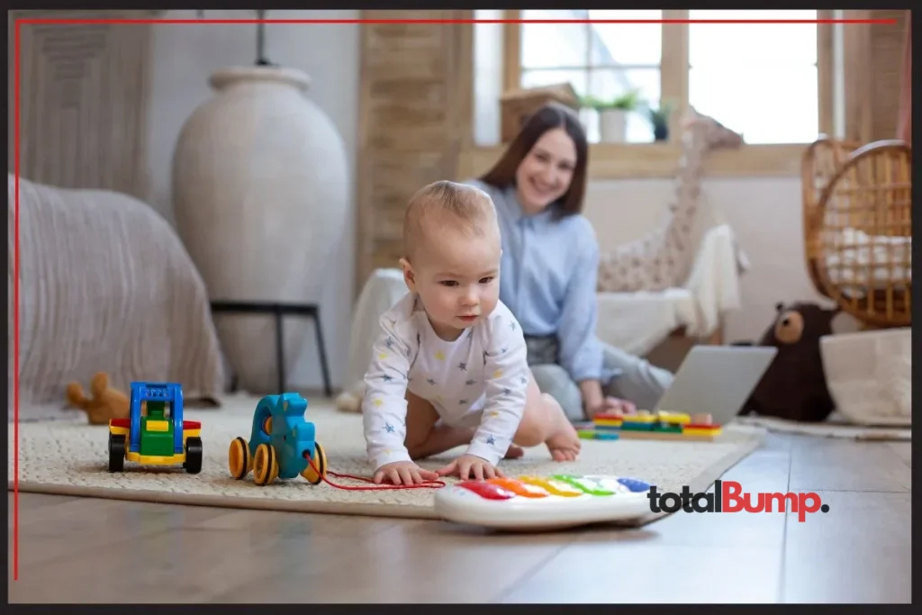 A warm, joyful photo of a young child playing on the floor with blocks or dress-up clothes, with a soft natural light in the background. Include a smiling parent nearby watching or gently participating — to reflect connection and emotional warmth. importance of play in child development and learning